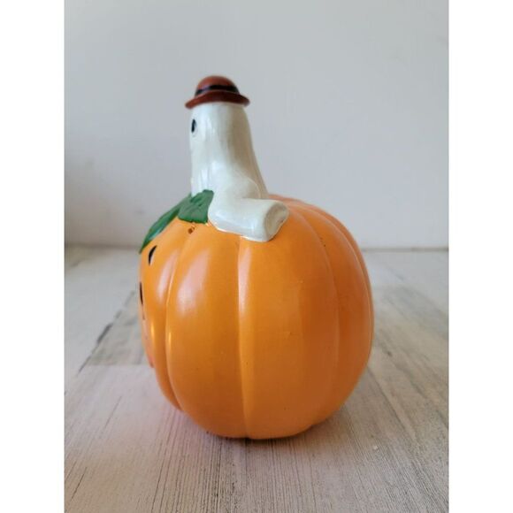 Lefton Halloween Luminary Pumpkin Ghost Decor 1986 06514  Lefton‎ luminary pumpkin ghost Halloween light up decor